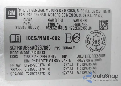2010 GMC Sierra 1500 Sle from USA, damaged, VIN 3GTRKVE35AG267889